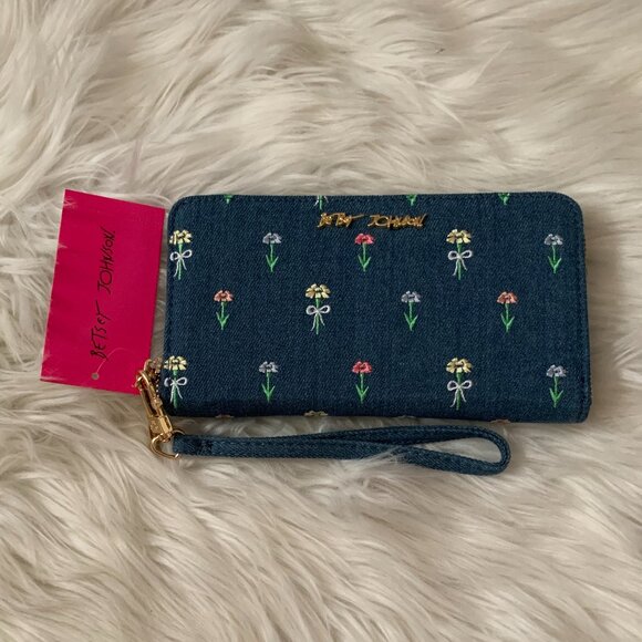 BETSEY JOHNSON Floral Bow Embroidered Denim Wallet Wristlet - Picture 1 of 5